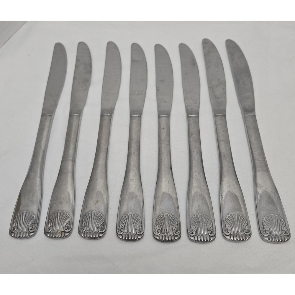 Unbranded Vintage Shell Lot Of Eight (8) Dinner Knives Stainless Flatware 8.5"